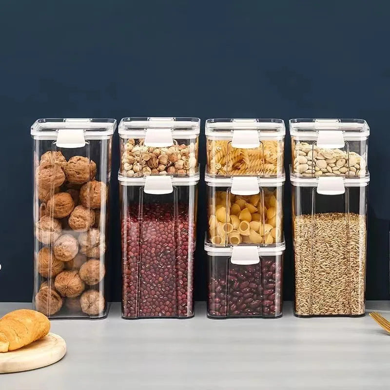Caixa de plástico selada para armazenamento de alimentos, cereais, doces, frascos secos com tampa, tanque de armazenamento de geladeira, itens domésticos, organizador de cozinha