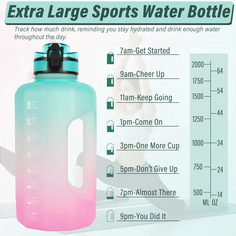 Garrafa de água grande de 2,2 litros com alça e citações motivacionais de tempo, à prova de BPA, jarro de bebidas de grande capacidade para academia e fitness