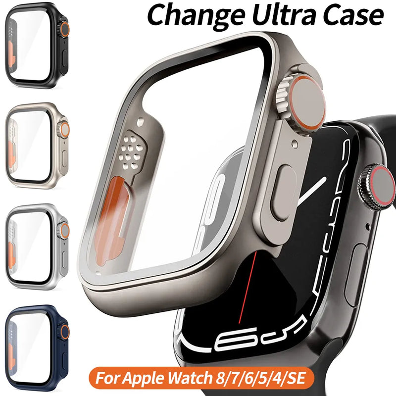Change to Ultra for Apple Watch Case Series 8 7 45mm 41mm Screen Protector Cover Glass+Case for iWatch 4 5 6 SE 44mm 40mm Bumper
