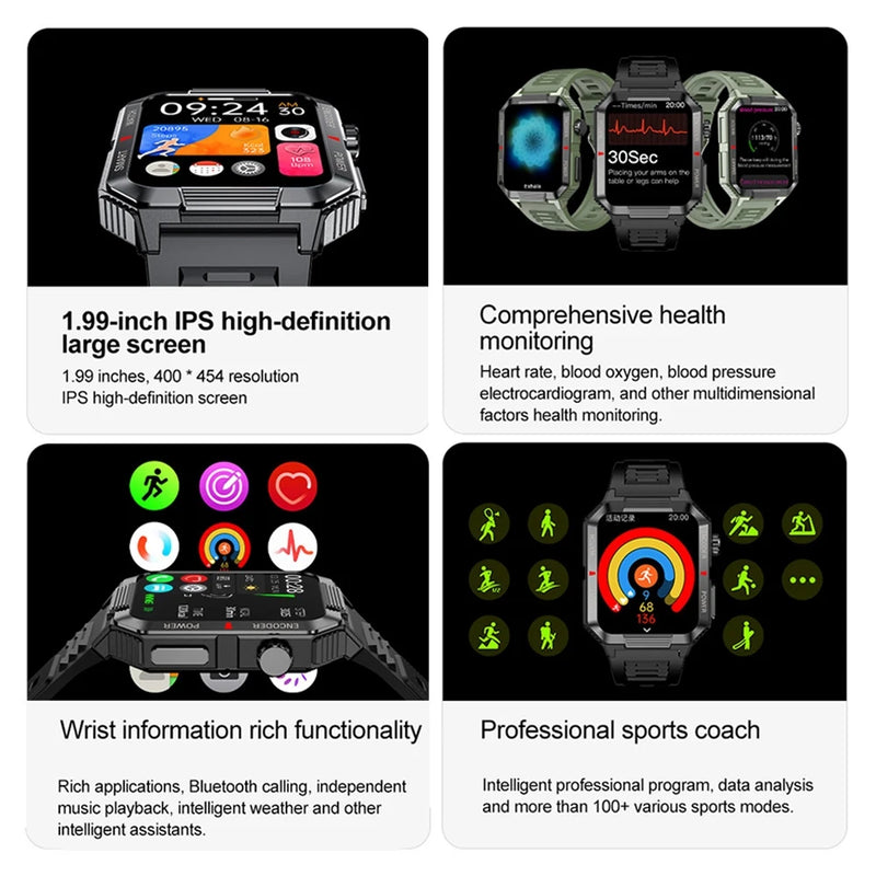 New Rugged Military Black Smart Watch Men For Android Xiaomi Ios IP67 Waterproof Sport Fitness Ai Voice Smartwatch Outdoor 2024