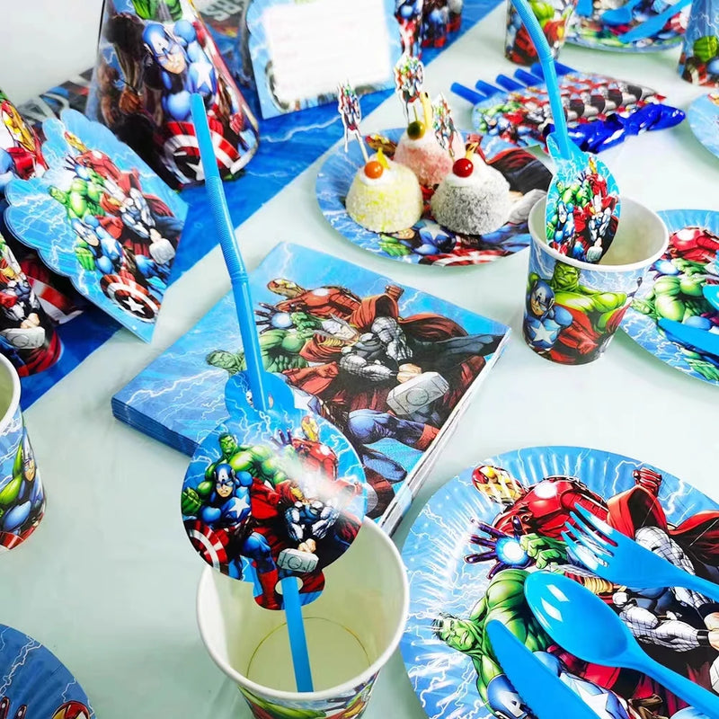 Decorações de festa de aniversário dos vingadores, suprimentos de mesa, pratos de papel, copos, faixa de pano de fundo, balões de super-heróis para crianças, presentes