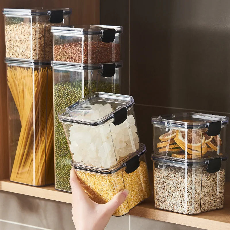Caixa de plástico selada para armazenamento de alimentos, cereais, doces, frascos secos com tampa, tanque de armazenamento de geladeira, itens domésticos, organizador de cozinha