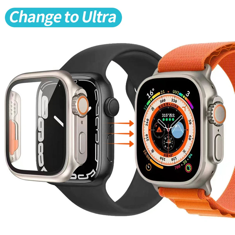 Change to Ultra for Apple Watch Case Series 8 7 45mm 41mm Screen Protector Cover Glass+Case for iWatch 4 5 6 SE 44mm 40mm Bumper
